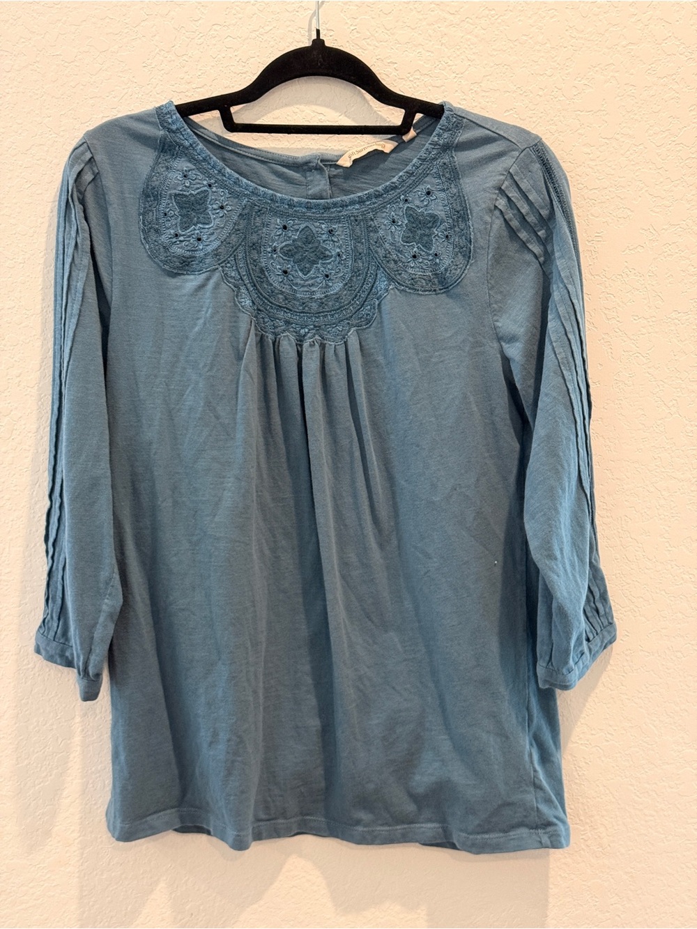 Soft Surroundings Dusty Blue Embroidered Yoke Peasant Top